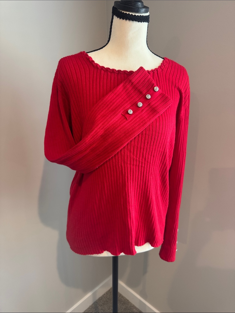 Liz Claiborne Bright Red Ribbed Long-Sleeve Sweater with Button Cuffs